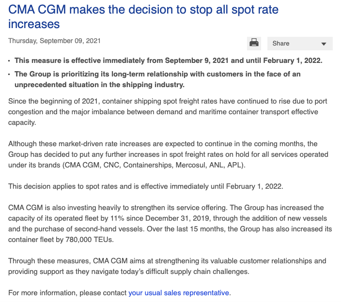CMA CGM makes the decision to stop all spot rate increases
